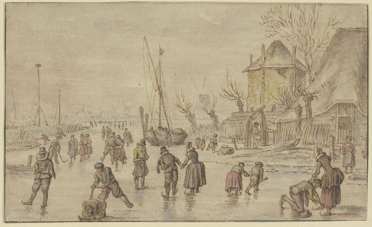 Paisaje invernal, con muchos patinadores sobre el hielo; a la derecha, un hombre le ata los patines a una mujer. de Hendrick Avercamp