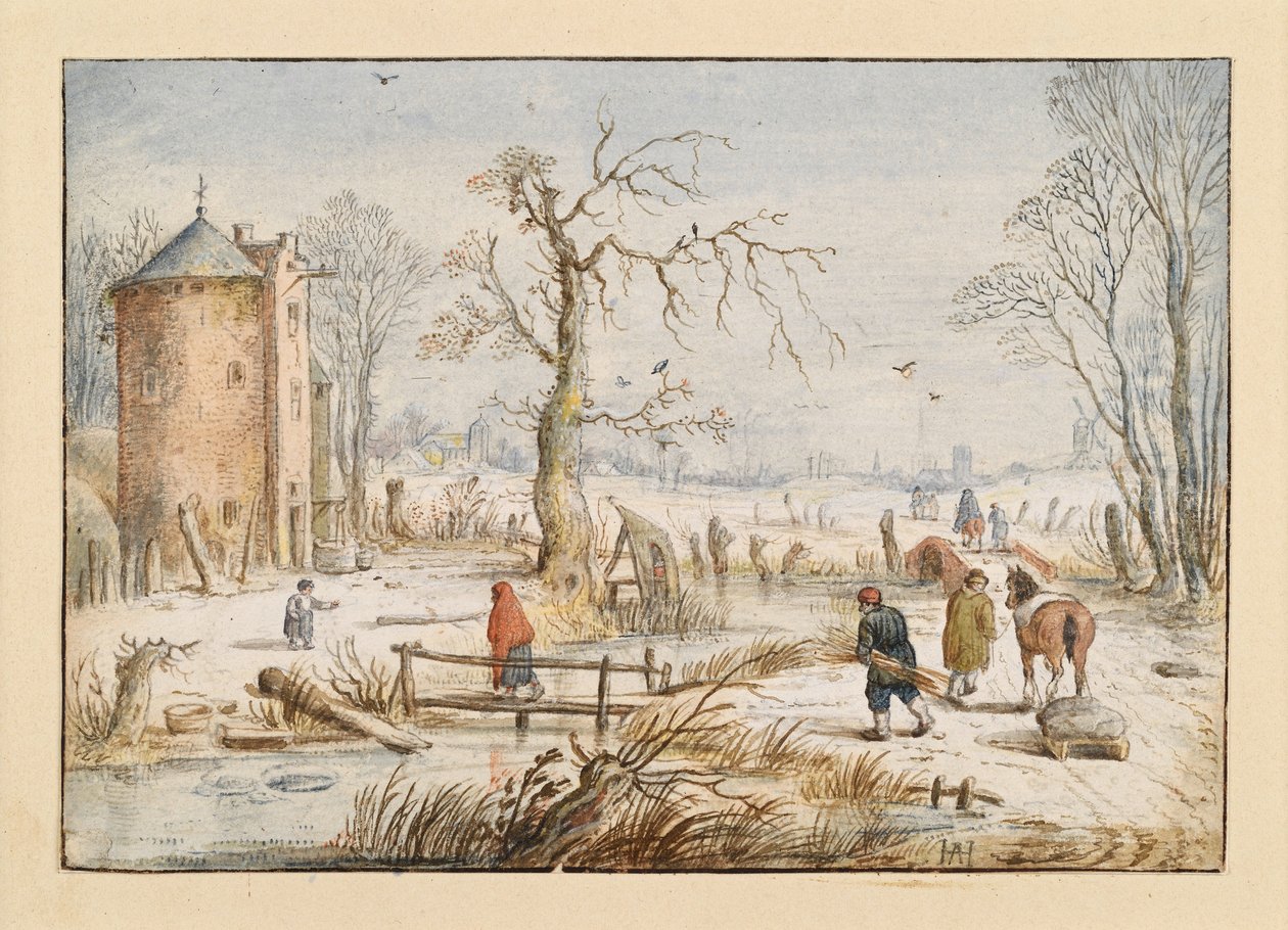 Paisaje invernal con una torre redonda de Hendrick Avercamp