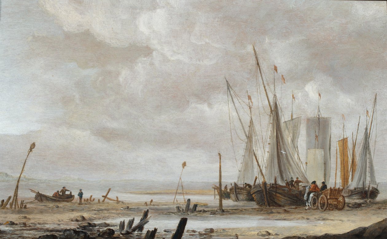 Una escena de playa con barcas de pesca atracadas de Hendrick Dubbels