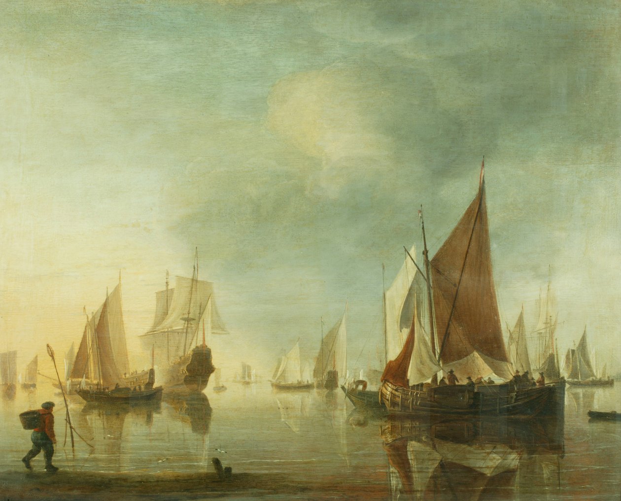 Barco anclado en alta mar con mar en calma; luz del atardecer, c.1650-60 (óleo sobre tabla) de Hendrick Dubbels