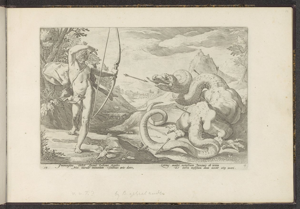 Apolo mata a la serpiente gigante Pitón Metamorfosis de Ovidio (título de la serie) Recreaciones de P. Ovidius Naso (título de la serie) de Hendrick Goltzius (workshop of)