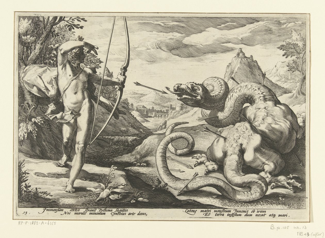 Apolo mata a la serpiente gigante Pitón Metamorfosis de Ovidio (título de la serie) de Hendrick Goltzius (workshop of)