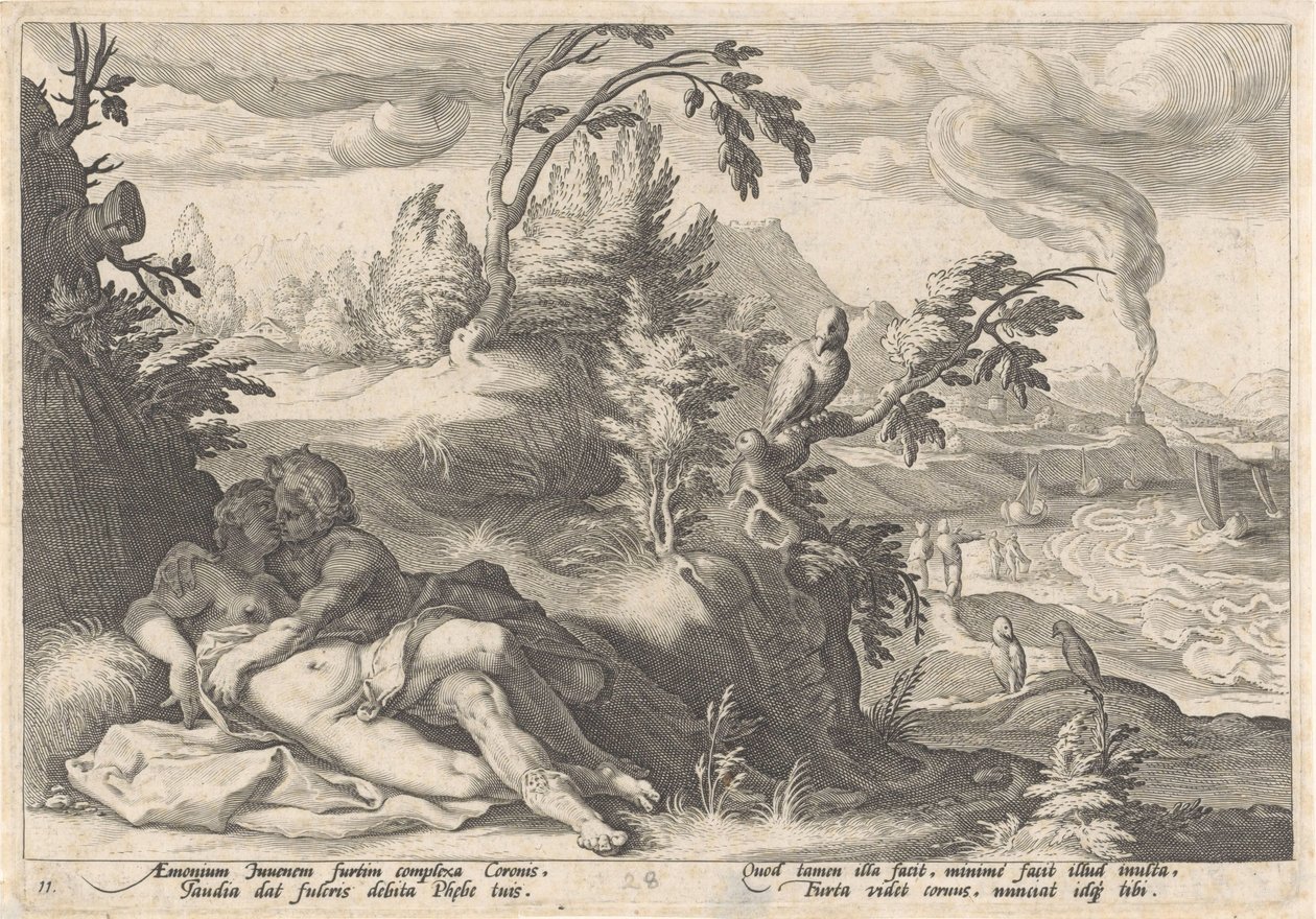Apolo en Coronis Metamorfosen van Ovidius (título de la serie) de Hendrick Goltzius (workshop of)