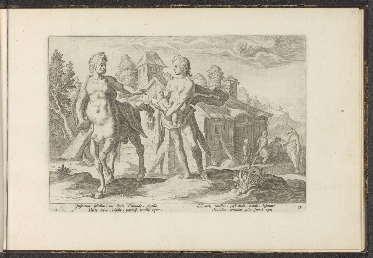 Apolo confía a Asclepio a Quirón Metamorfosis de Ovidio (título de la serie) Recreaciones de P. Ovidius Naso (título de la serie) de Hendrick Goltzius (workshop of)