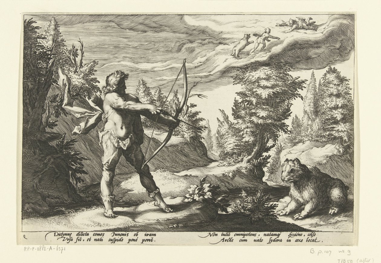 Arcas apunta su flecha a Calisto Metamorfosis de Ovidio (título de la serie) de Hendrick Goltzius (workshop of)