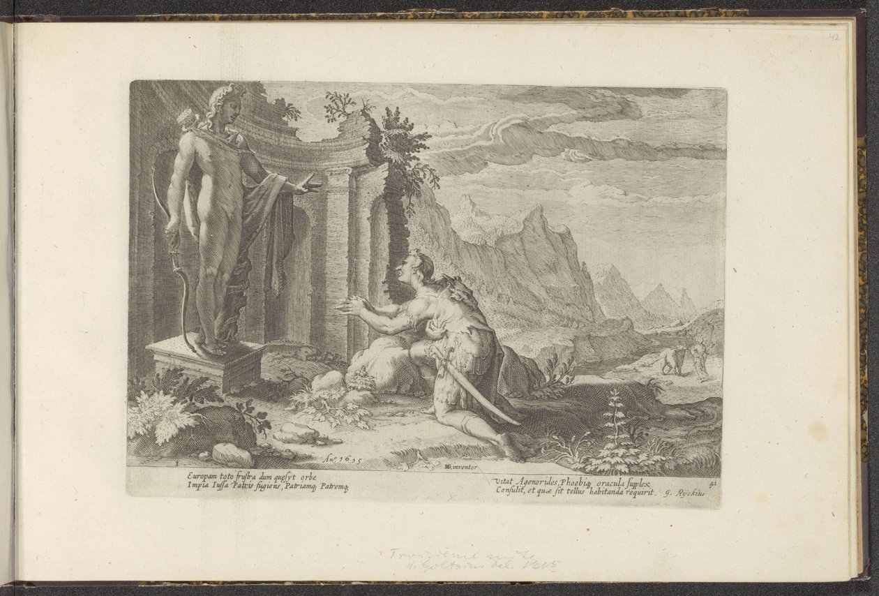 Cadmo le pregunta al oráculo de Delfos qué hacer ahora que no ha podido encontrar a su hermana Europa Metamorfosis de Ovidio (título de la serie) Recreaciones de P. Ovidius Naso (título de la serie) de Hendrick Goltzius (workshop of)