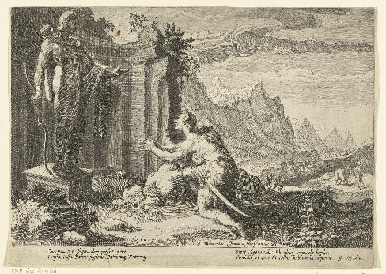 Cadmo le pregunta al oráculo de Delfos qué hacer ahora que no ha podido encontrar a su hermana Europa Metamorfosis de Ovidio (título de la serie) de Hendrick Goltzius (workshop of)