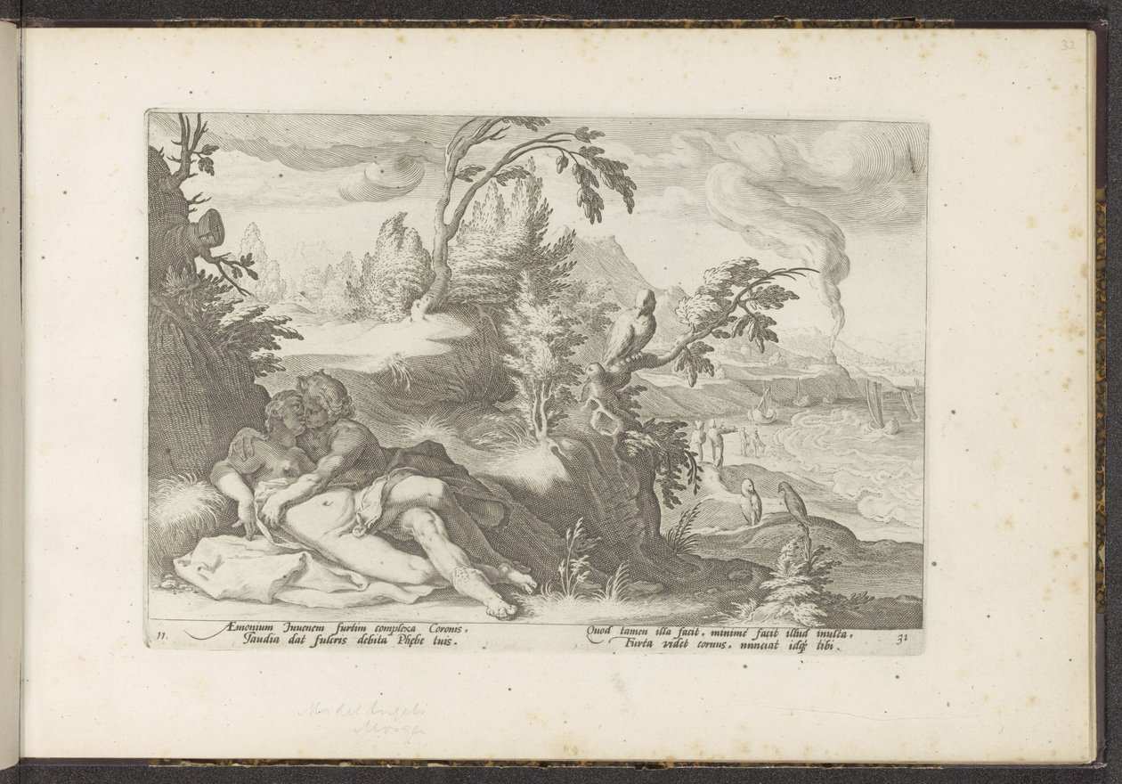Corvus atrapa a la niña Coronis Metamorfosis de Ovidio (título de la serie) Recreaciones de P. Ovidius Naso (título de la serie) de Hendrick Goltzius (workshop of)