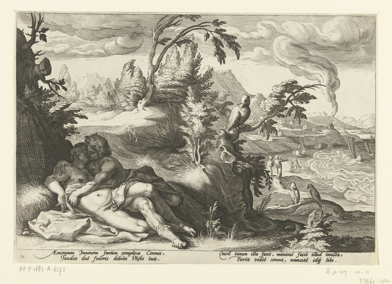 Corvus atrapa a la niña Coronis Metamorfosis de Ovidio (título de la serie) de Hendrick Goltzius (workshop of)