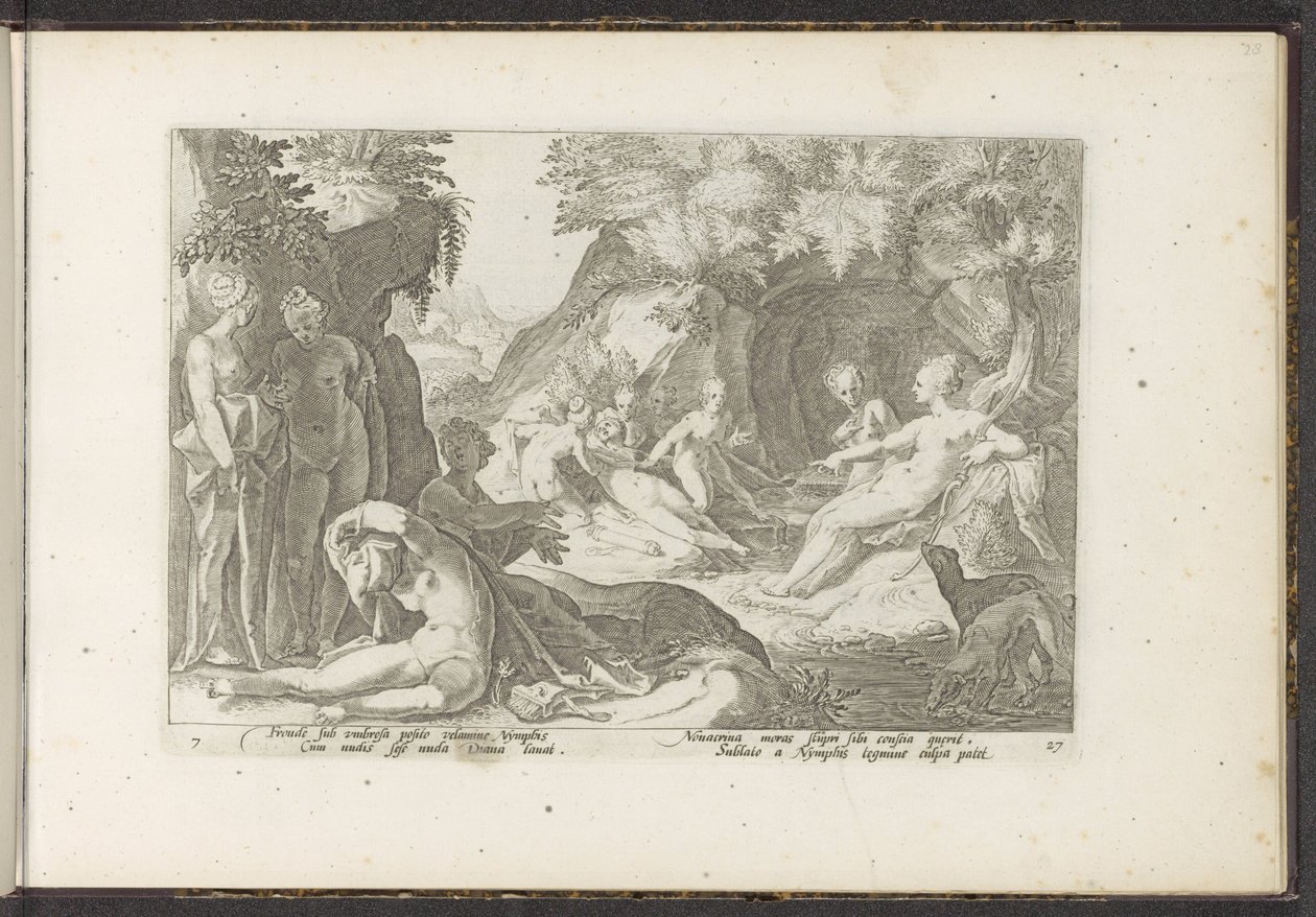 Diana descubre el embarazo de Calisto. Metamorfosis de Ovidio (título de la serie) Recreaciones de P. Ovidius Naso (título de la serie) de Hendrick Goltzius (workshop of)