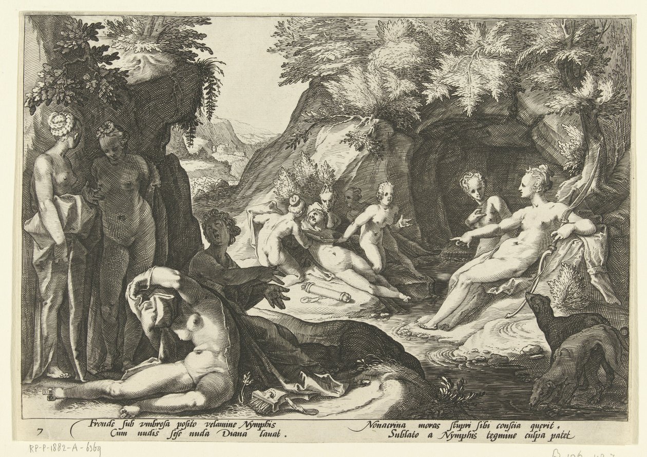Diana descubre el embarazo de Calisto. Metamorfosis de Ovidio (título de la serie) de Hendrick Goltzius (workshop of)