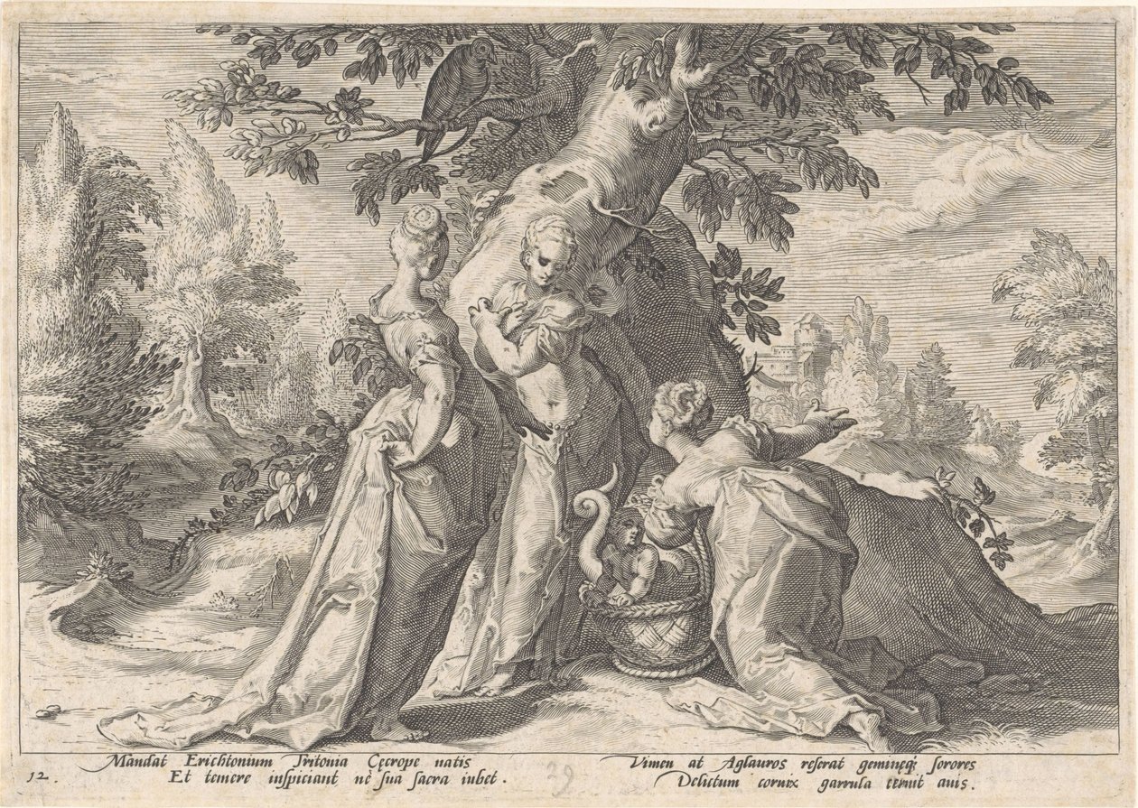 Las hijas de Cecrops abren la cesta de Minerva. Metamorfosis de Ovidio (título de la serie) de Hendrick Goltzius (workshop of)