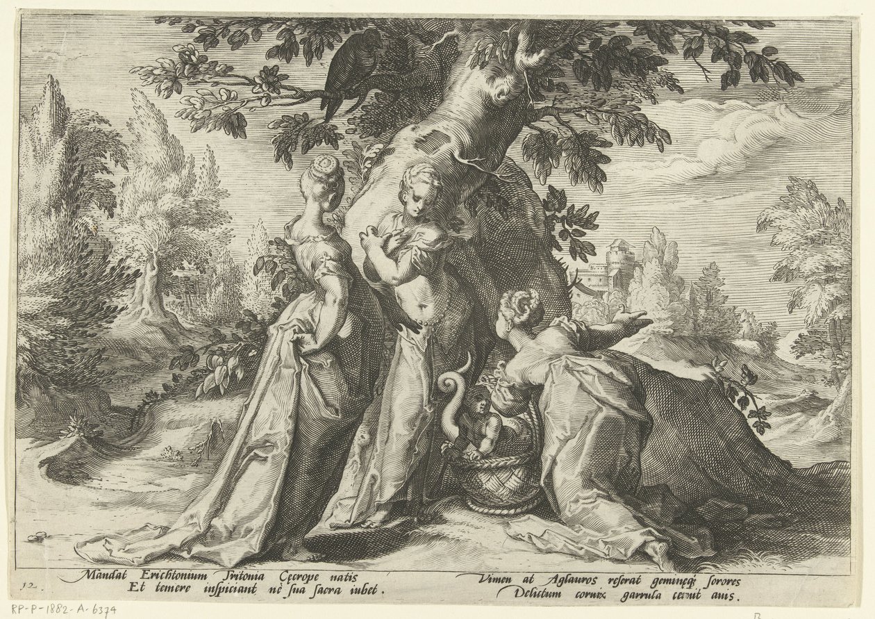 Las hijas de Cecrops abren la cesta de Minerva. Metamorfosis de Ovidio (título de la serie) de Hendrick Goltzius (workshop of)