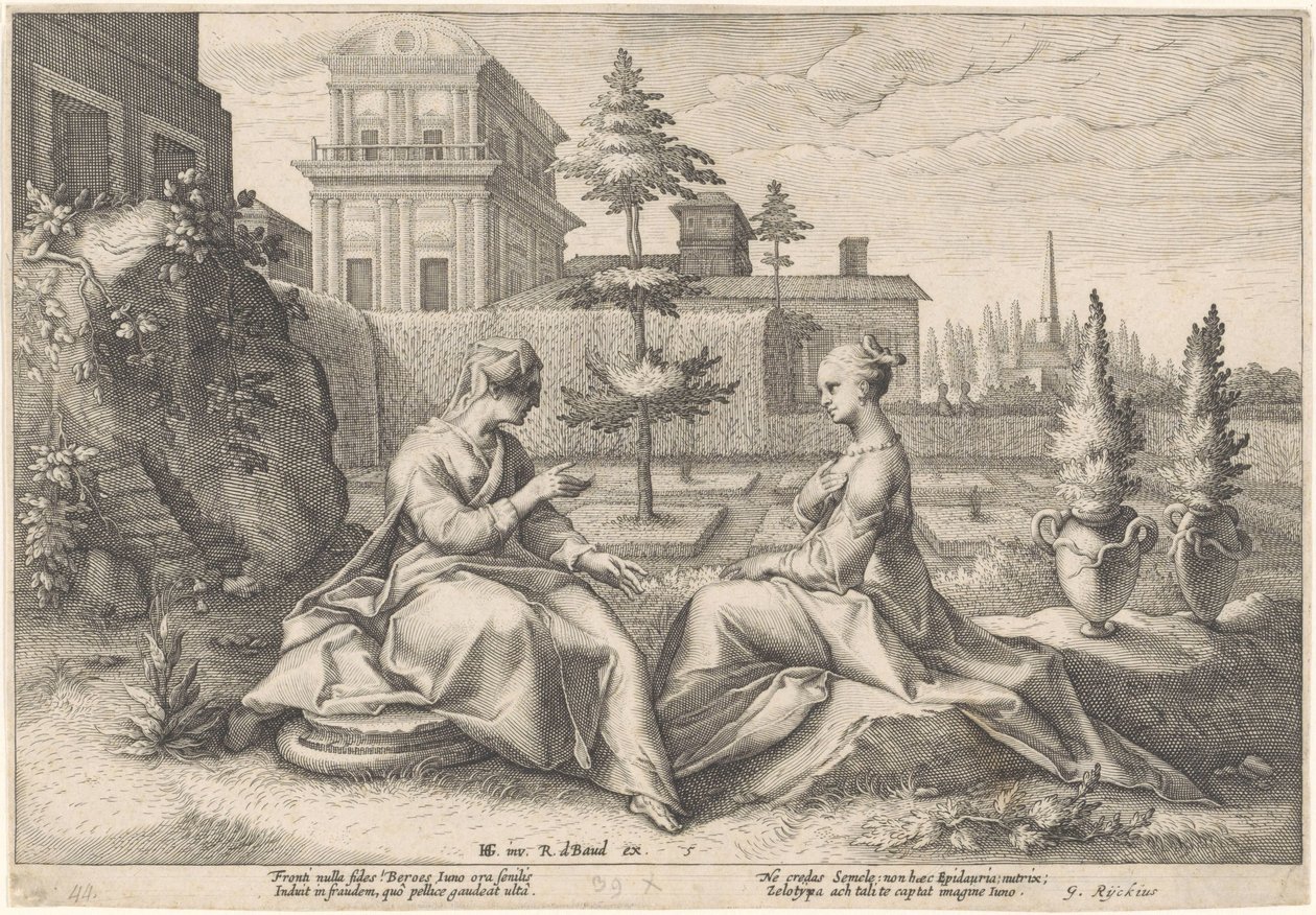 Juno se acerca a Semele disfrazado de Beroe Metamorfosis de Ovidio (título de la serie) de Hendrick Goltzius (workshop of)