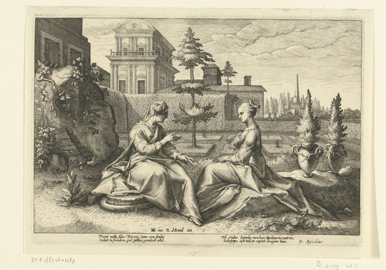 Juno se acerca a Semele disfrazado de Beroe Metamorfosis de Ovidio (título de la serie) de Hendrick Goltzius (workshop of)