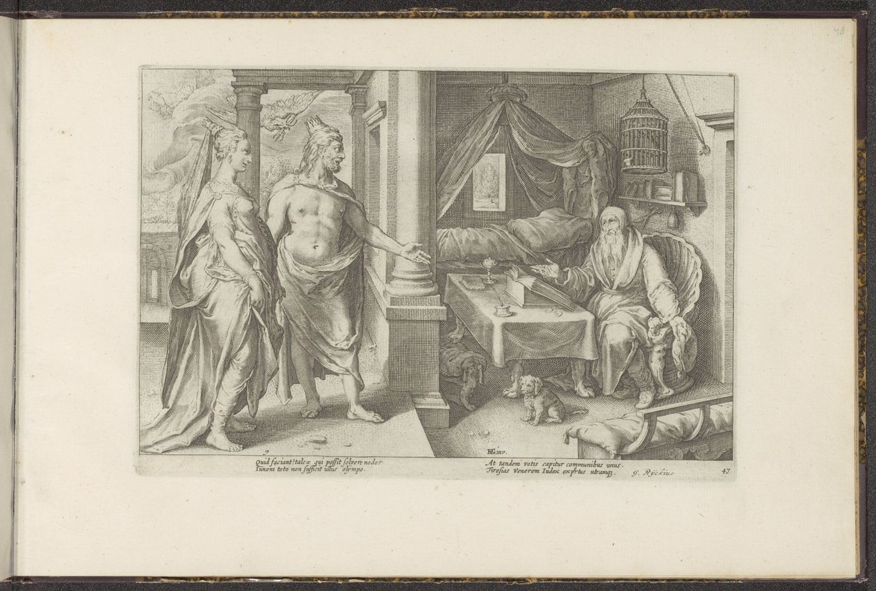 Juno y Júpiter piden consejo a Tiresias Metamorfosis de Ovidio (título de la serie) Recreaciones de P. Ovidius Naso (título de la serie) de Hendrick Goltzius (workshop of)