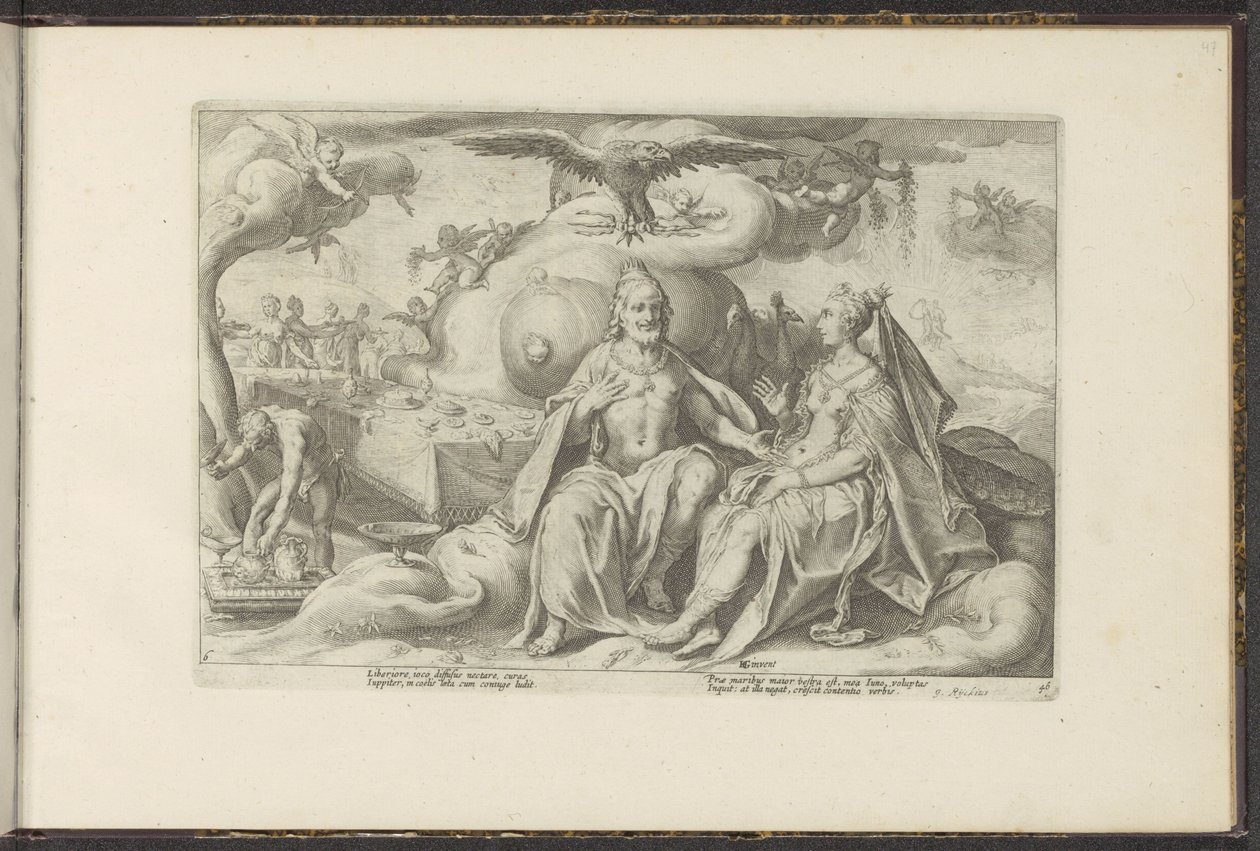 Júpiter y Juno discuten cuál de los sexos tiene mayor deseo de amor Metamorfosis de Ovidio (título de la serie) Recreaciones de P. Ovidius Naso (título de la serie) de Hendrick Goltzius (workshop of)