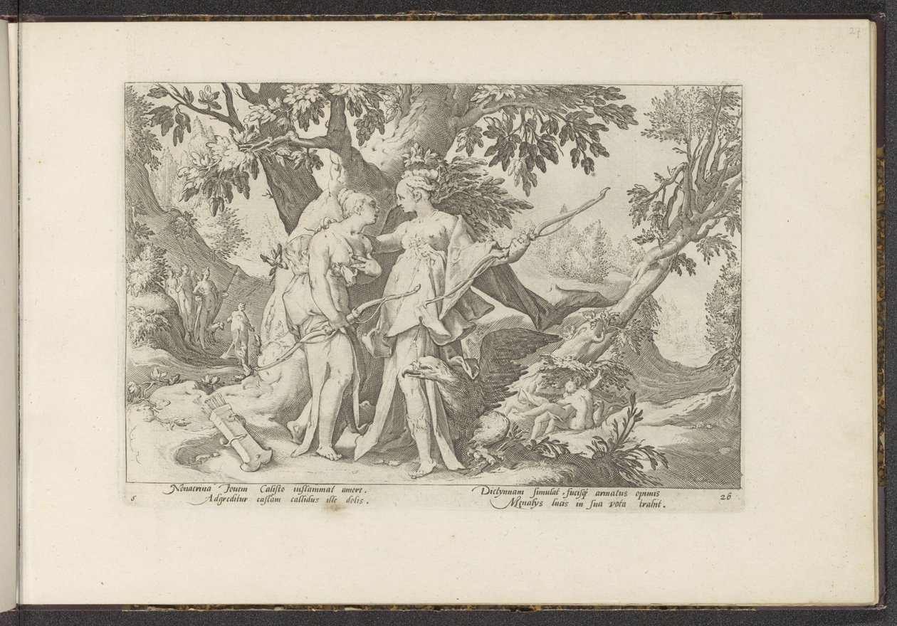 Júpiter seduce a Calisto disfrazado de Diana Metamorfosis de Ovidio (título de la serie) Recreaciones de P. Ovidius Naso (título de la serie) de Hendrick Goltzius (workshop of)