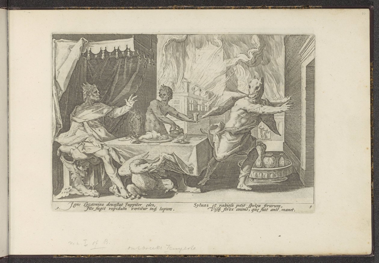 Lycaon se convierte en lobo Metamorfosis de Ovidio (título de la serie) Recreaciones de P. Ovidius Naso (título de la serie) de Hendrick Goltzius (workshop of)