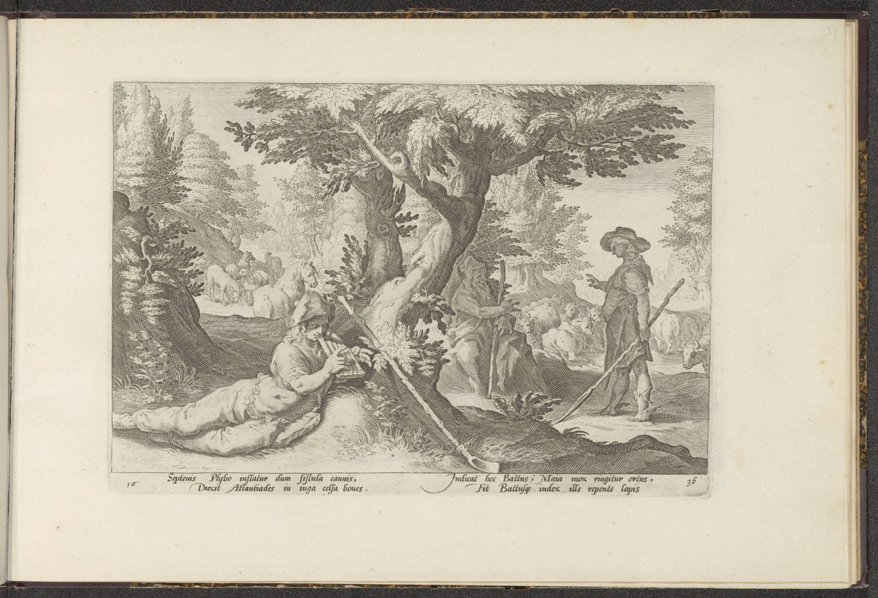 Mercurio en Battus Metamorfosis de Ovidio (título de la serie) Herscheppingen van P. Ovidius Naso (título de la serie) de Hendrick Goltzius (workshop of)
