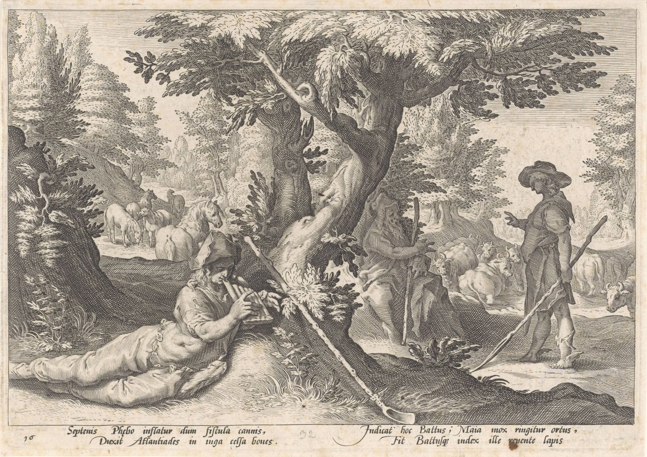 Mercurio convierte a Battus en piedra Metamorfosis de Ovidio (título de la serie) de Hendrick Goltzius (workshop of)