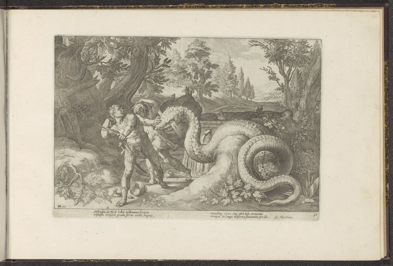 Compañeros de Cadmo devorados por un dragón Metamorfosis de Ovidio (título de la serie) Recreaciones de P. Ovidius Naso (título de la serie) de Hendrick Goltzius (workshop of)