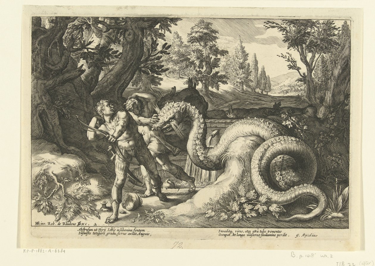 Compañeros de Cadmo devorados por un dragón Metamorfosis de Ovidio (título de la serie) de Hendrick Goltzius (workshop of)