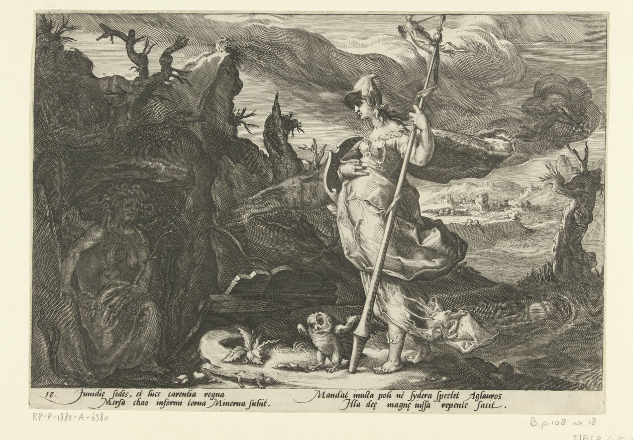 Minerva le pide a Envidia que encienda los celos en Aglauros Metamorfosis de Ovidio (título de la serie) de Hendrick Goltzius (workshop of)