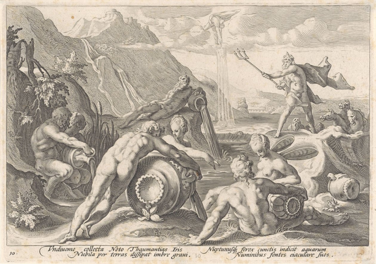 Neptuno ordena a los dioses del río que provoquen una inundación Metamorfosis de Ovidio (título de la serie) de Hendrick Goltzius (workshop of)