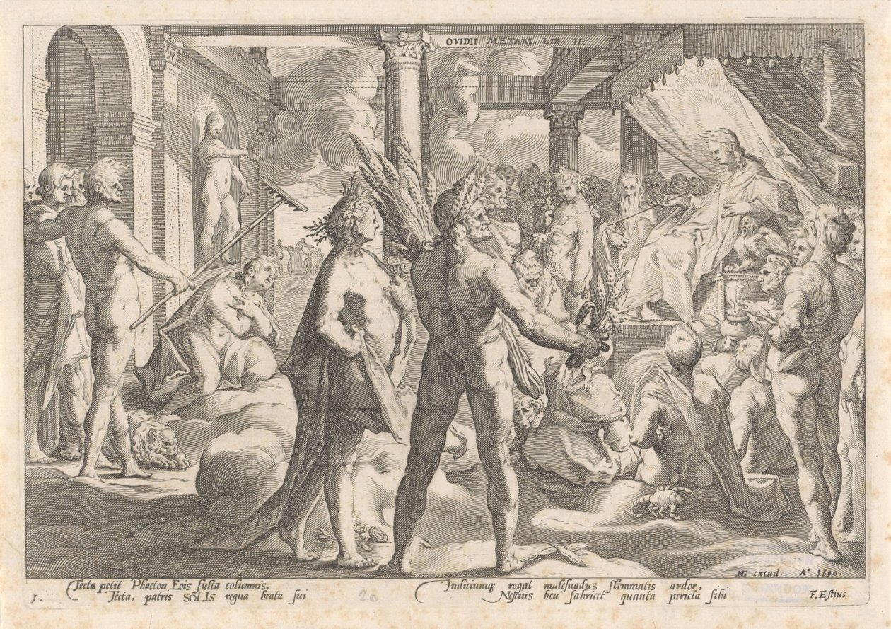 Faetón le pregunta a Apolo si puede viajar en su carro. Metamorfosis de Ovidio (título de la serie) de Hendrick Goltzius (workshop of)