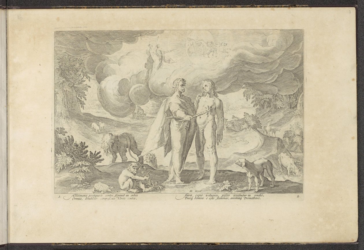 Prometeo le da fuego al hombre Metamorfosis de Ovidio (título de la serie) Recreaciones de P. Ovidius Naso (título de la serie) de Hendrick Goltzius (workshop of)