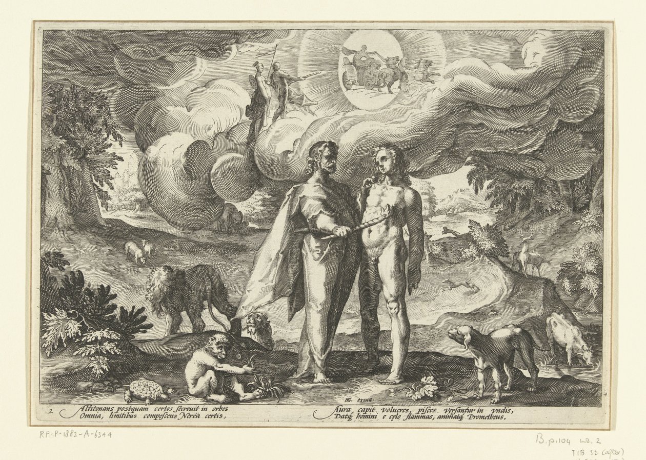 Prometeo le da fuego al hombre Metamorfosis de Ovidio (título de la serie) de Hendrick Goltzius (workshop of)