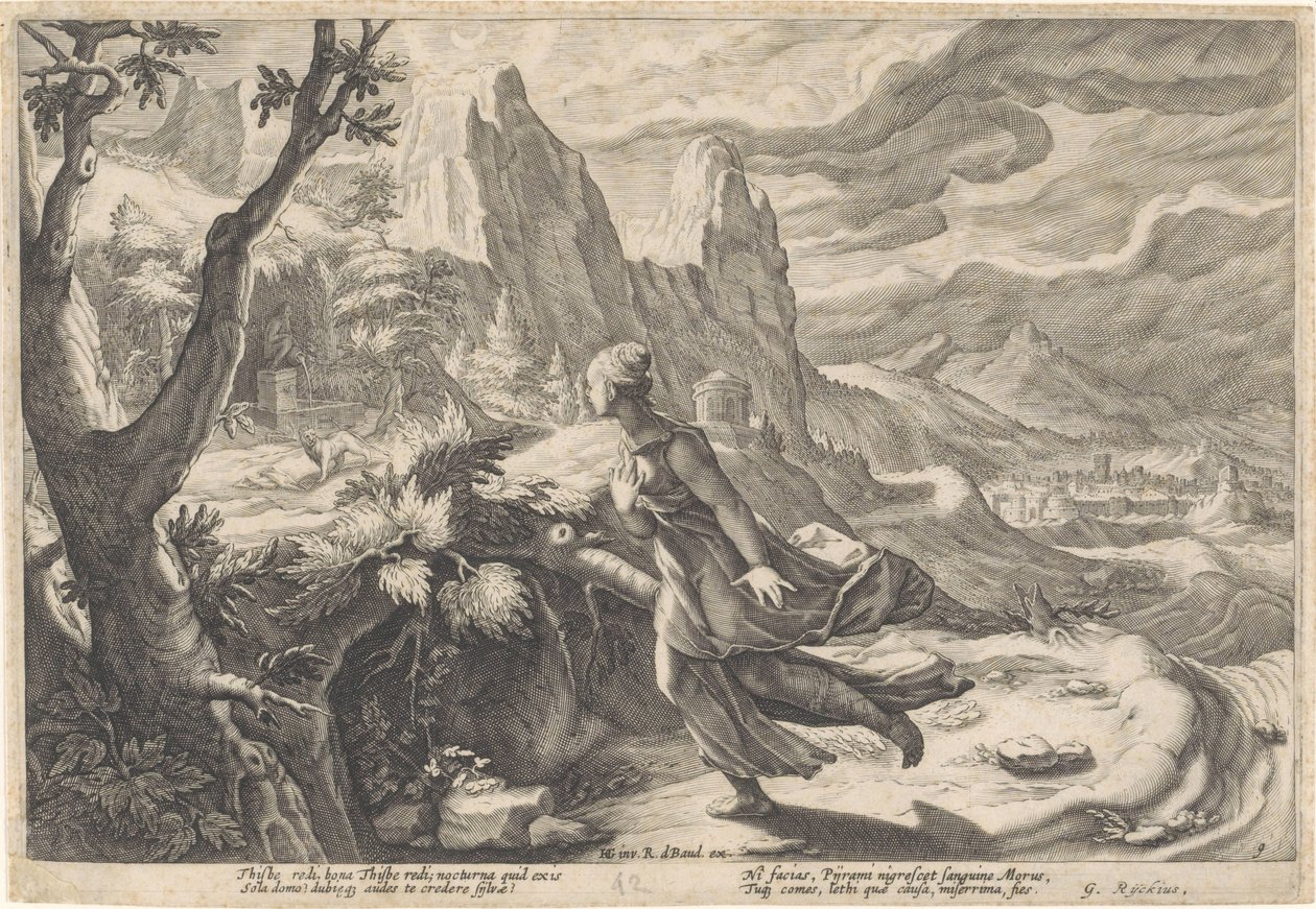 Tisbe huye de la leona Metamorfosis de Ovidio (título de la serie) de Hendrick Goltzius (workshop of)