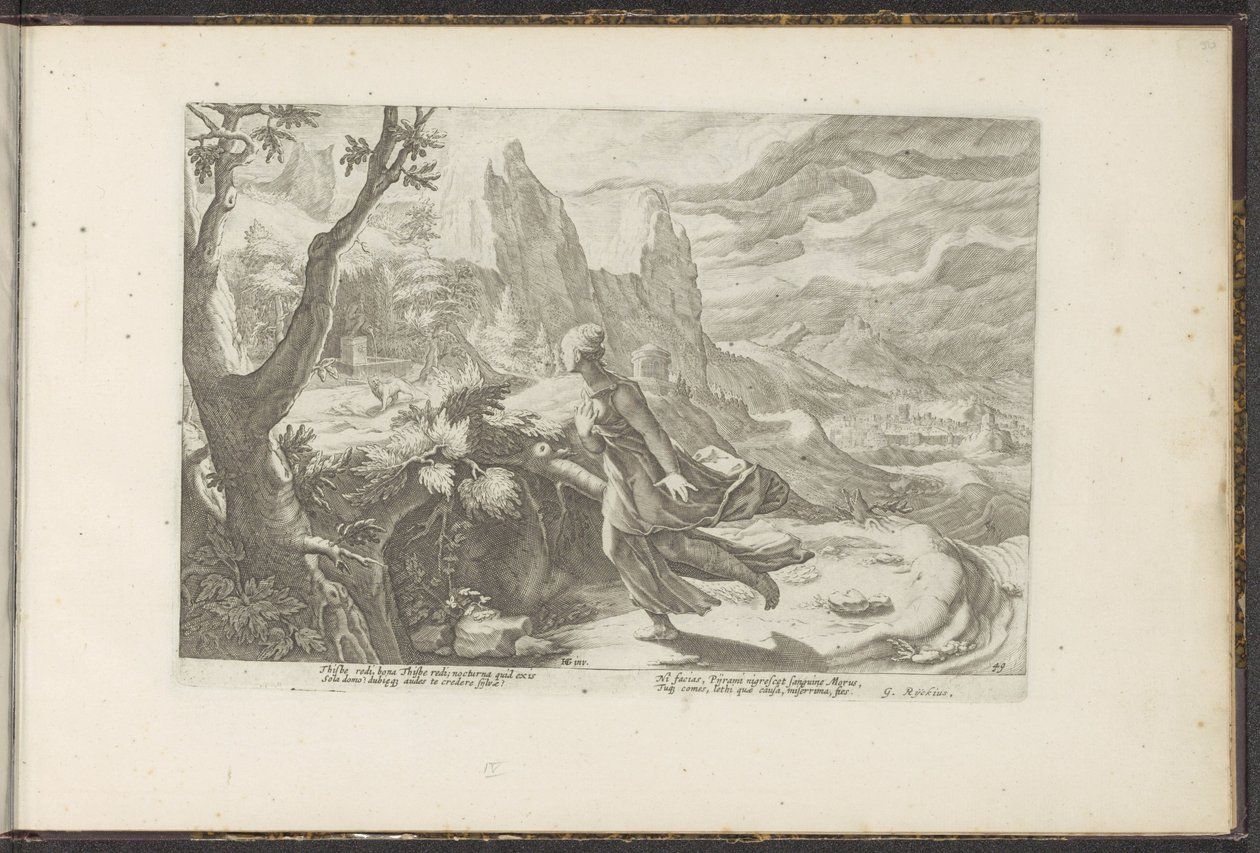 Tisbe huye de un león Metamorfosis de Ovidio (título de la serie) Recreaciones de P. Ovidius Naso (título de la serie) de Hendrick Goltzius (workshop of)