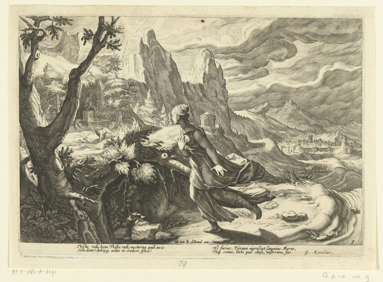 Tisbe huye de un león Metamorfosis de Ovidio (título de la serie) de Hendrick Goltzius (workshop of)