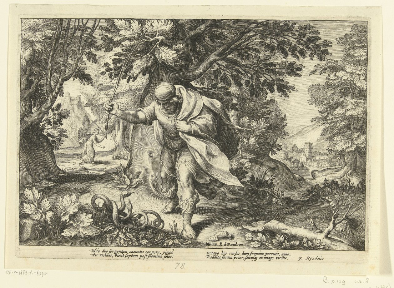 Tiresias golpea a dos serpientes que se aparean Metamorfosis de Ovidio (título de la serie) de Hendrick Goltzius (workshop of)