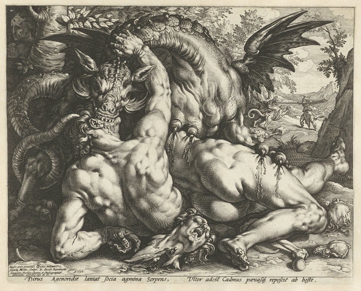 Un dragón devorando a los compañeros de Cadmo. Compañeros de Cadmo devorados por un dragón de Hendrick Goltzius