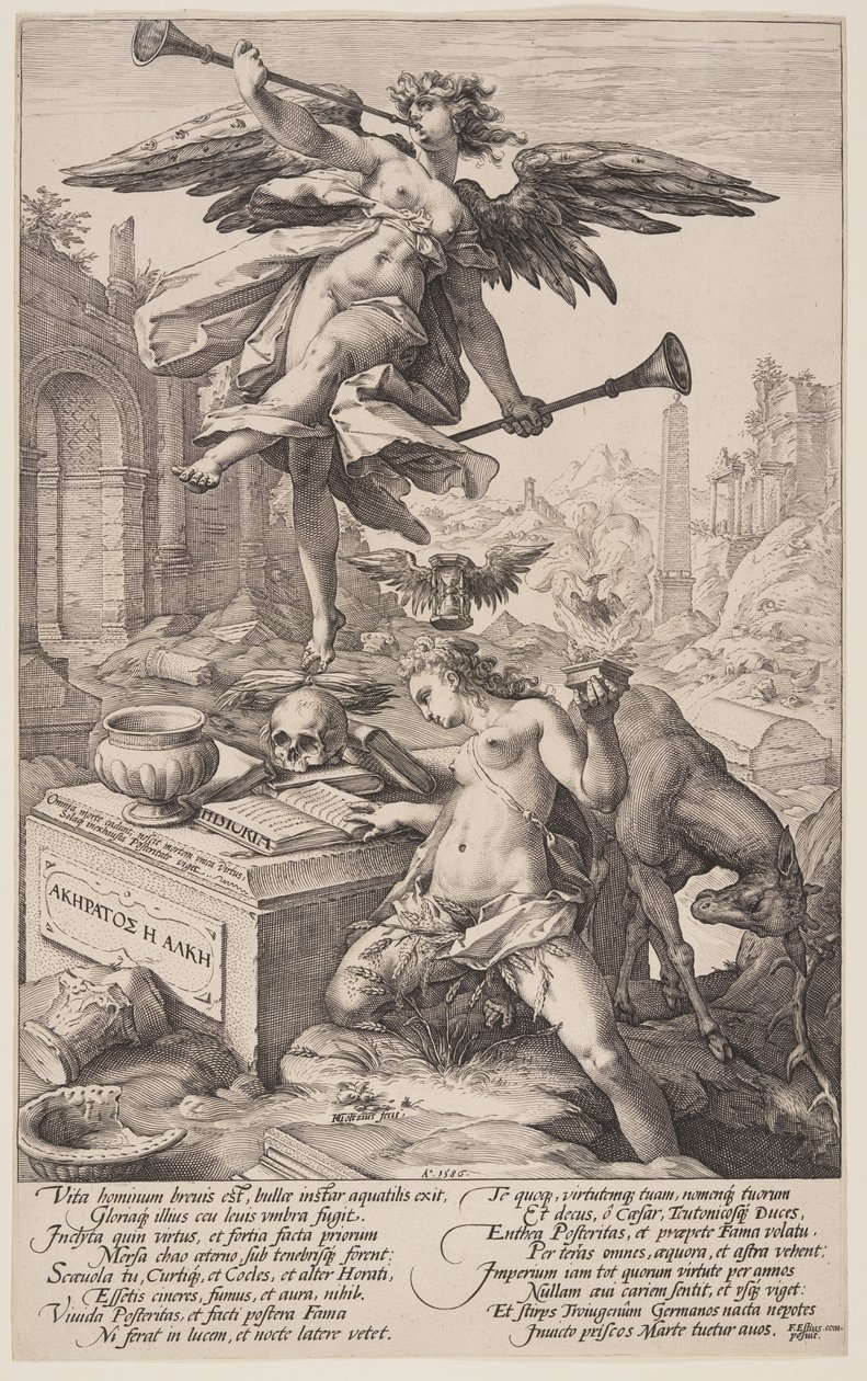Alegoría de la fama y la historia, de Los héroes romanos de Hendrick Goltzius