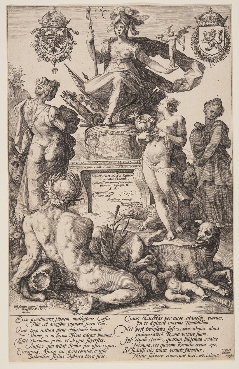 Alegoría de Roma, lámina de Los héroes romanos de Hendrick Goltzius