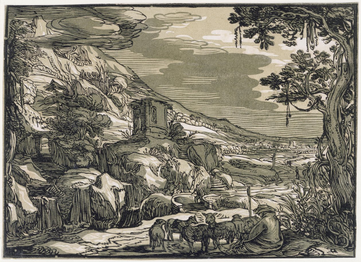 Paisaje arcádico con un pastor de Hendrick Goltzius