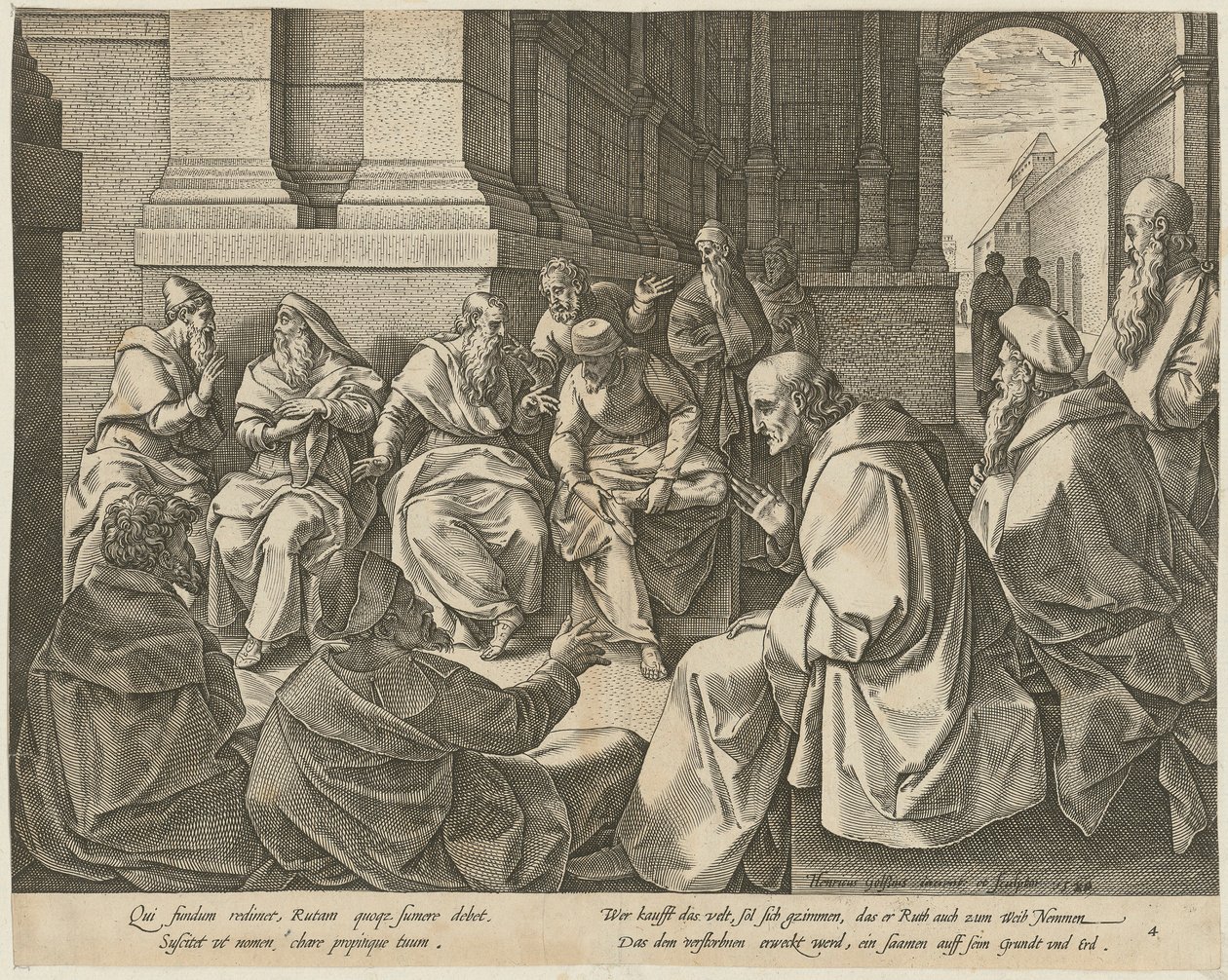 Boas con los diez ancianos, página 4 de la serie «La historia de Rut» de Hendrick Goltzius