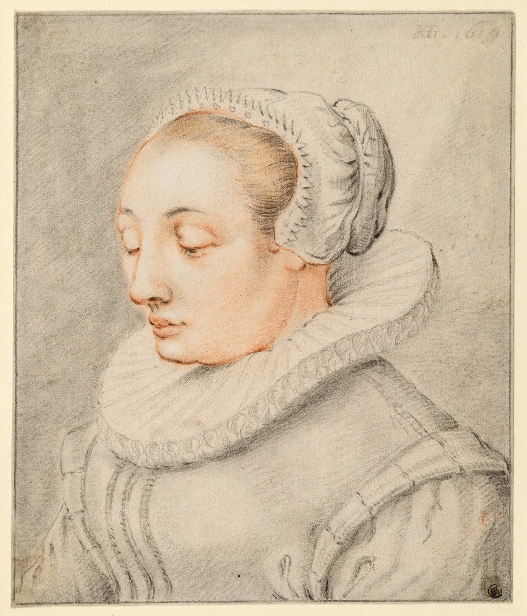 Retrato de medio cuerpo de una joven con cofia de Hendrick Goltzius