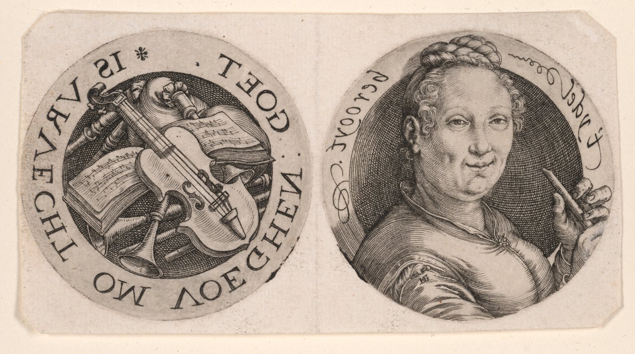Busto de mujer con flauta e instrumentos musicales, en una hoja de Hendrick Goltzius
