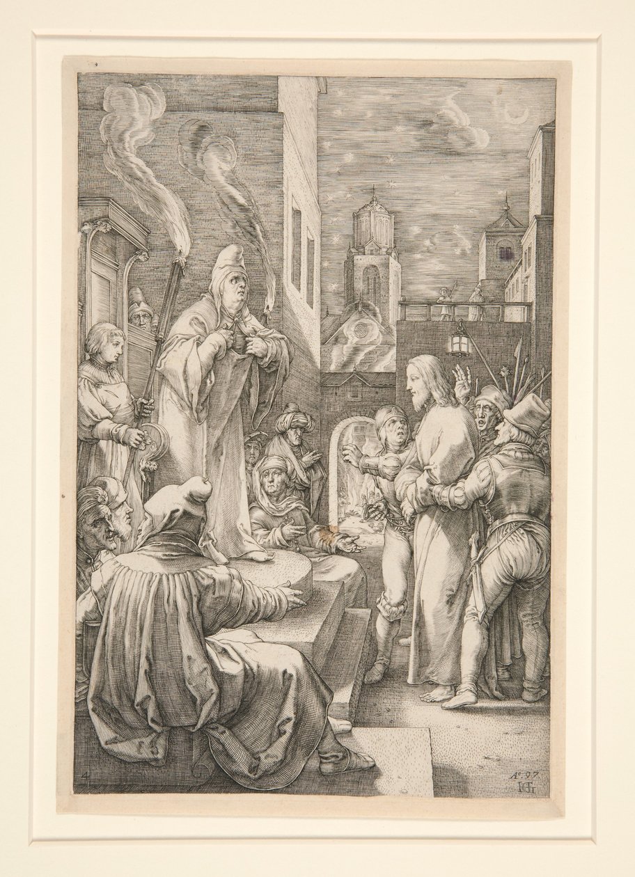 Cristo ante Caifás, lámina 4 de la serie La Pasión de Cristo de Hendrick Goltzius