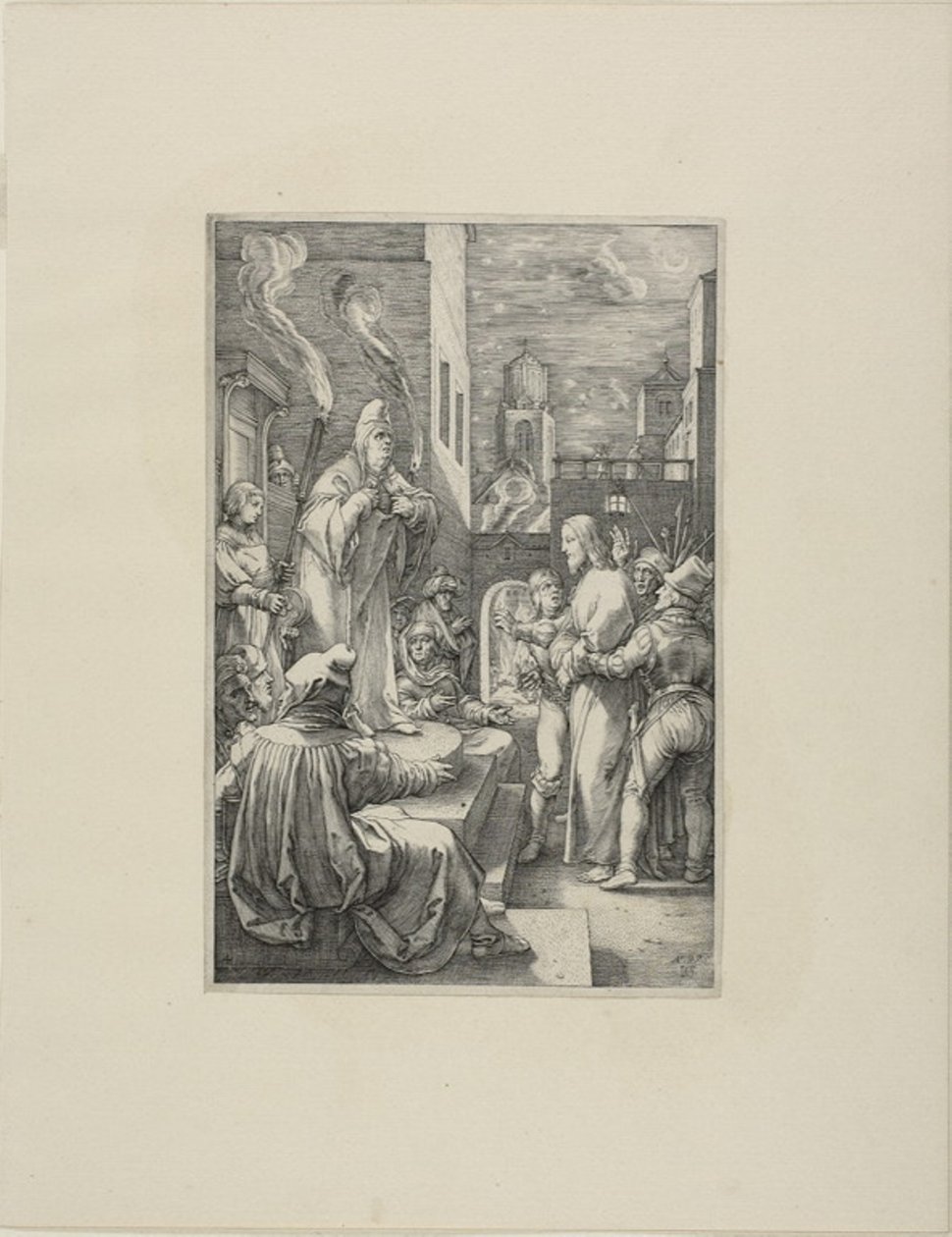 Cristo Ante Caifás, placa cuatro de La Pasión de Cristo de Hendrick Goltzius