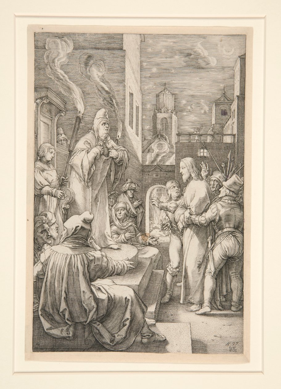 Cristo ante Caifás, de La Pasión, #4 en una serie de 12 grabados de Hendrick Goltzius