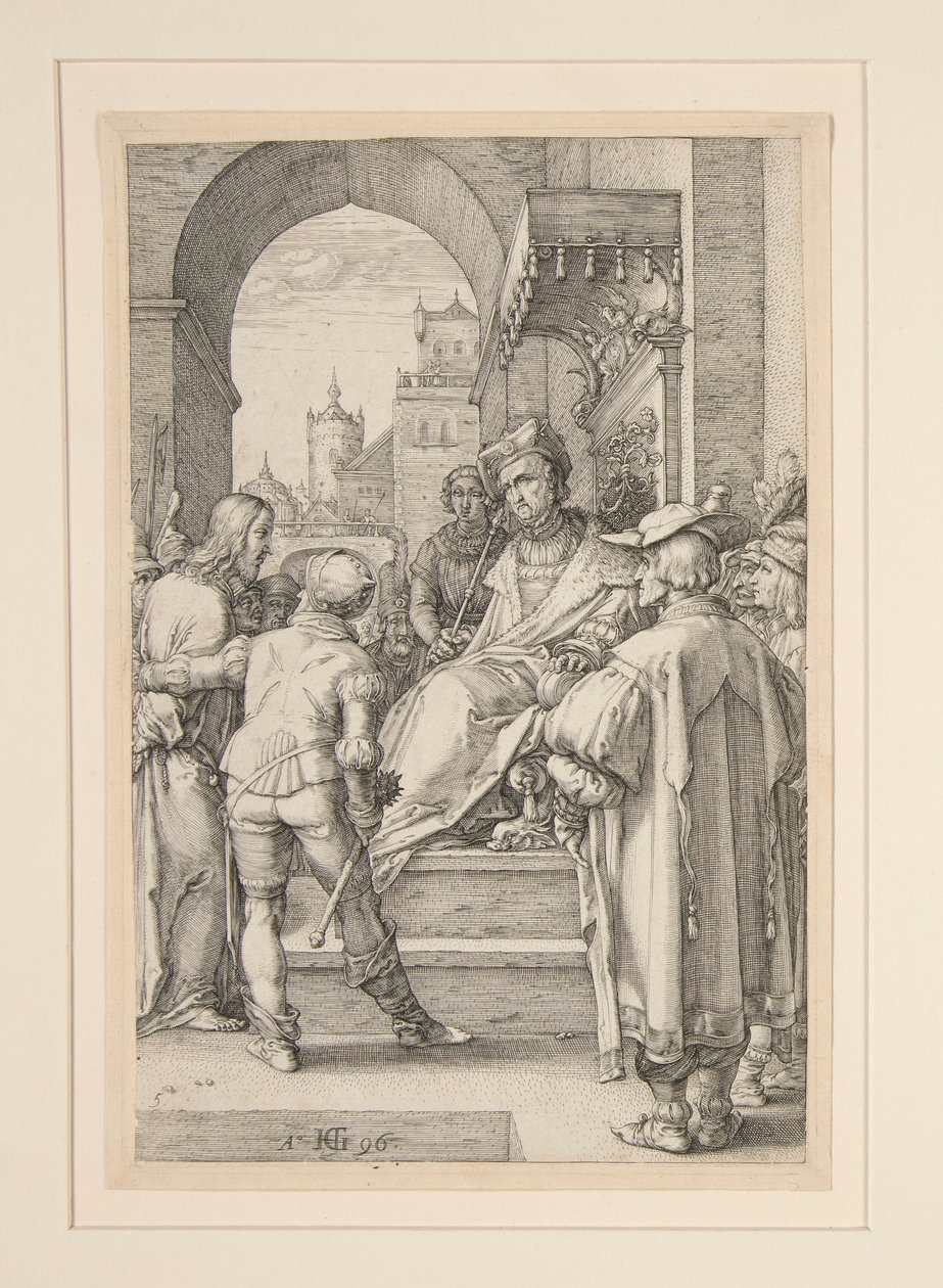 Cristo ante Pilatos, de La Pasión, #5 en una serie de 12 grabados de Hendrick Goltzius