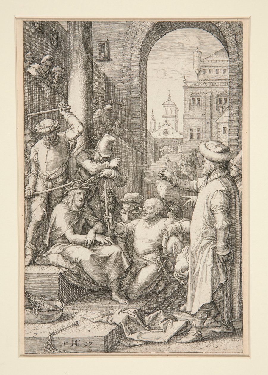 Cristo Coronado de Espinas, de La Pasión, #7 en una serie de 12 grabados de Hendrick Goltzius