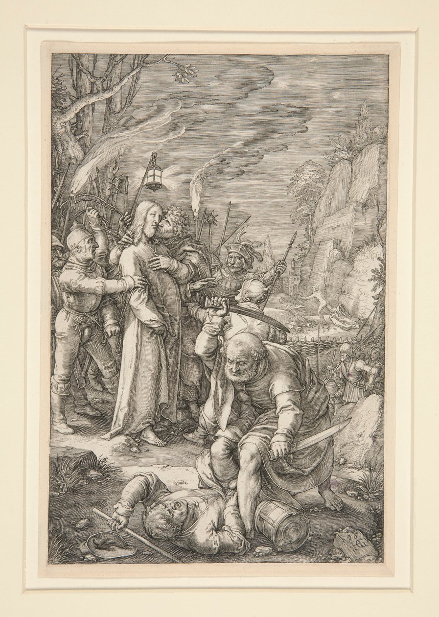 Cristo llevado cautivo (la traición de Cristo), de La Pasión, #3 en una serie de 12 grabados de Hendrick Goltzius
