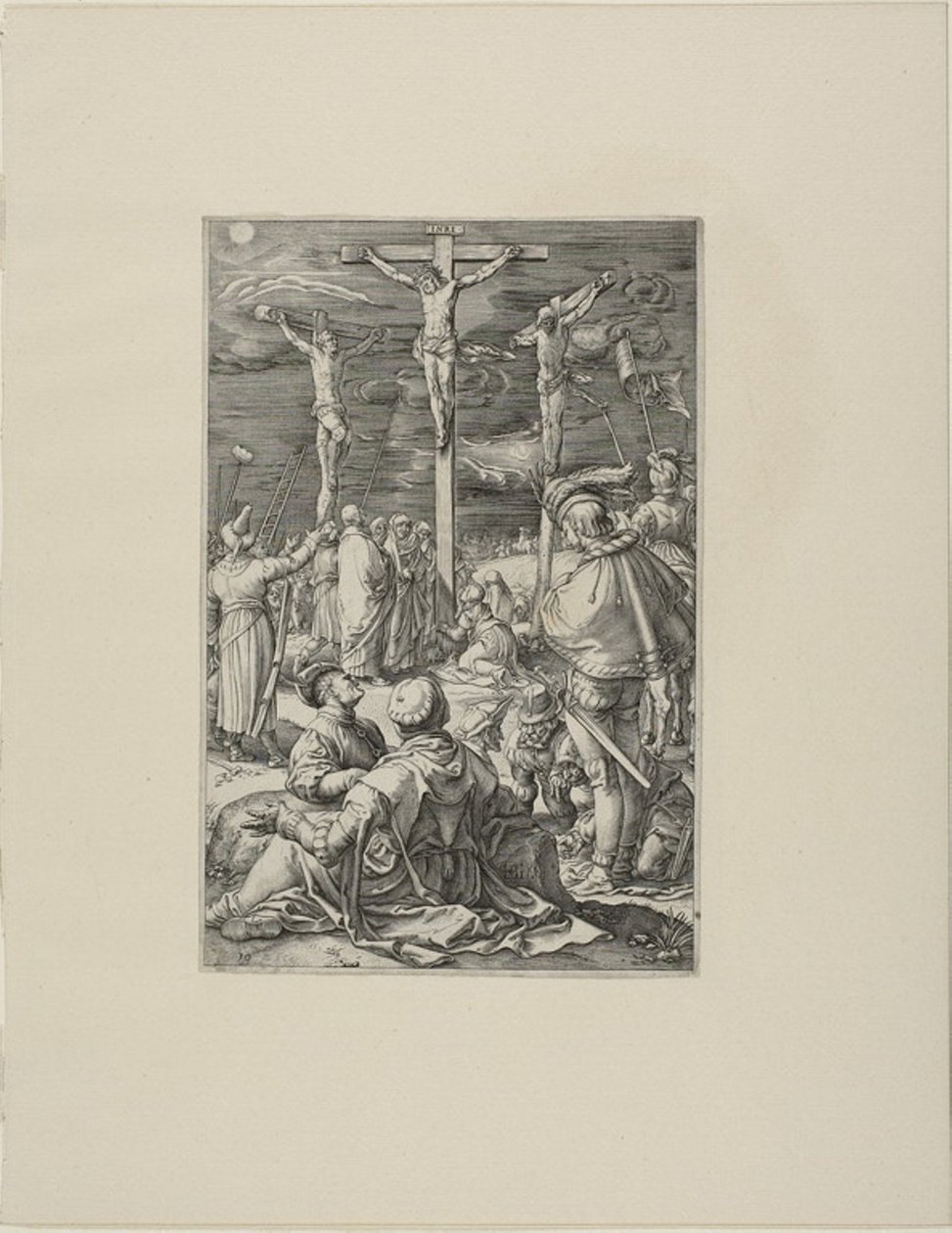 Cristo en la cruz, lámina diez de la Pasión de Cristo de Hendrick Goltzius
